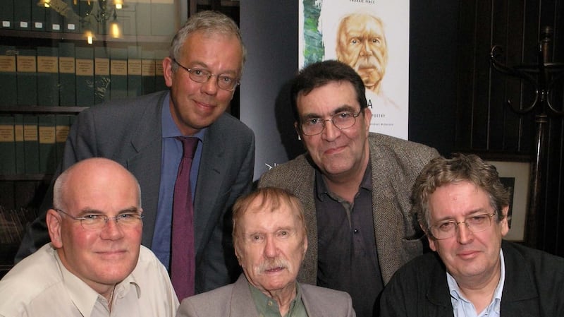 Linenhall Library: front from left, Michael McKernon (Publisher of Sea), Padraic Fiacc (Poet), Gerald Dawe (Poet and English Professor at Trinity College Dublin). Back, from left, John Gray (Chief Librarian, Linenhall Library) and Brendan Hamill (Poet and Writer)