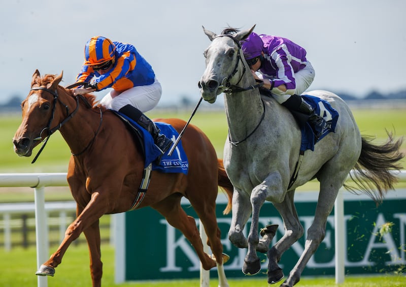 Ryan Moore (orange and blue silks) onboard Ballet Slippers. The filly will be in action in Paris on Saturday. Photograph: Tom Maher/Inpho