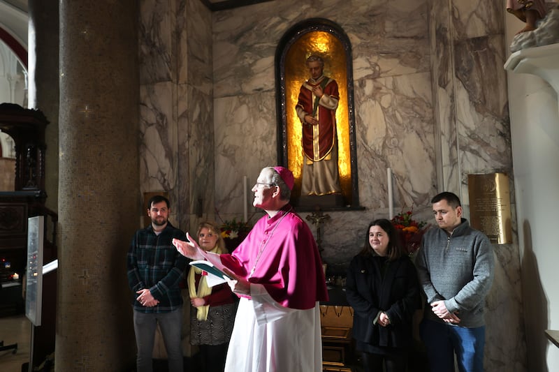 Bishop Denis Nulty blesses two engaged couples at St Valentine’s shrine and launches a new marriage preparation programme at Our Lady of Mount Carmel Church, Whitefriar Street in Dublin on Monday. Photograph: Dara Mac Dónaill/The Irish Times