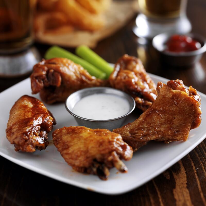 Chicken wings blue cheese dip and celery is easy to replicate at home.