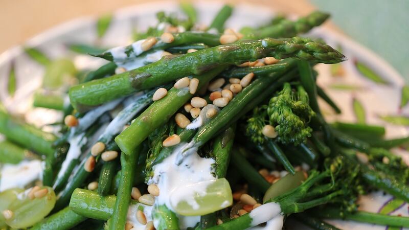 Glorious greens with Velvet Cloud yogurt and pine nuts. Photograph: Nick Bradshaw