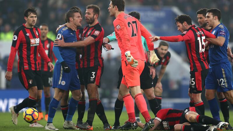 Jamie Vardy and Asmir Begovic clash during their meeting at the King Power Stadium. Photo: Catherine Ivill/Getty Images