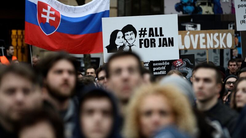 Demonstrators attend a protest  over the murder of Slovak journalist Jan Kuciak, in Bratislava. Photograph: Radovan Stoklasa/Reuters