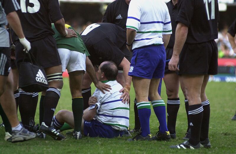 Irish referee David McHugh after being assualted by a supporter during a Tri Nations rugby international between South Africa and New Zealand at King's Park Stadium, Durban, South Africa, on August 10th, 2002. Photograph: Dave Rogers/Getty Images