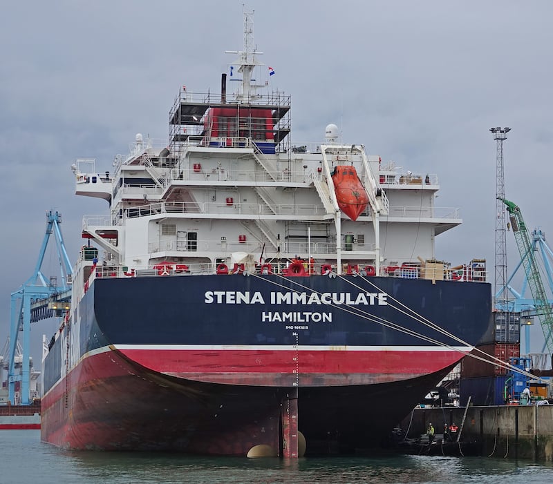 The Stena Immaculate oil tanker sustained a ruptured cargo tank after it was struck by container ship Solong in the North Sea today, causing 'multiple explosions' and jet fuel to be released into the water, the ship's management firm Crowley said. Photograph: Kees Torn/Wikimedia Commons/PA Wire