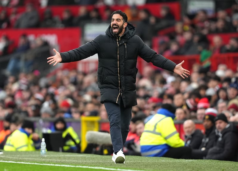 Manchester United manager Ruben Amorim reacts during the game. Photograph: Martin Rickett/PA