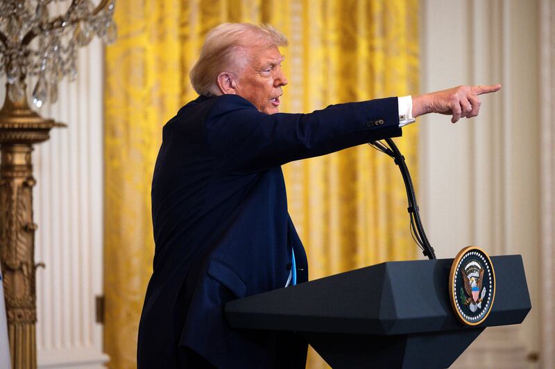 President Donald Trump take questions during a news conference with Israeli prime minister Binyamin Netanyahu in the East Room at the White House. Photograph: Tierney L Cross/the New York Times
                      