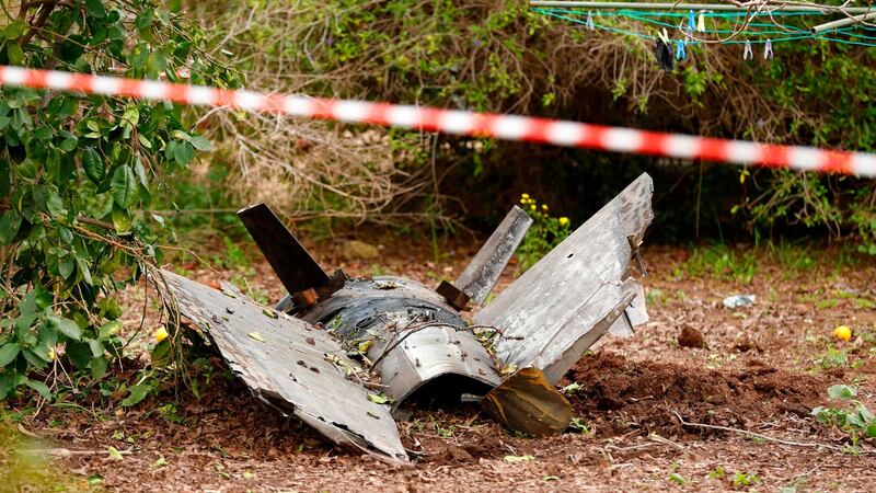 A picture taken on Saturday shows the remains of a missile that crashed earlier in Alonei Abba, east of Haifa, in northern Israel. Photograph: Jack Guez/AFP/Getty Images