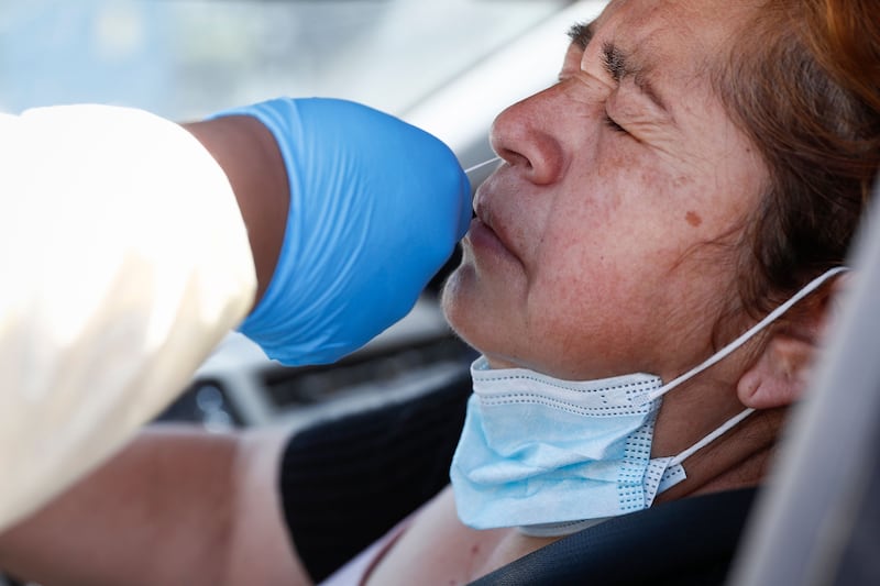 A healthcare worker takes a nasal swab sample to test for Covid in July 2022 in Los Angeles. Photograph: Caroline Brehman/EPA