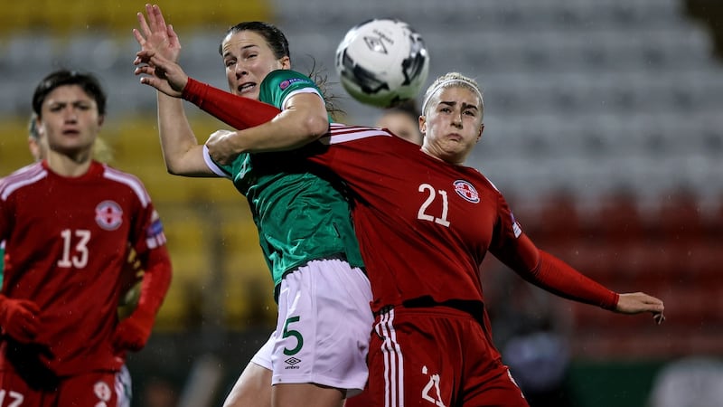 Ireland’s Niamh Fahey competes in the air with Mariam Kalandadze of Georgia in the 2023 FIFA Women’s World Cup Qualifier Group A match at Tallaght Stadium, Dublin in November 2021. Photograph: Morgan Treacy/Inpho