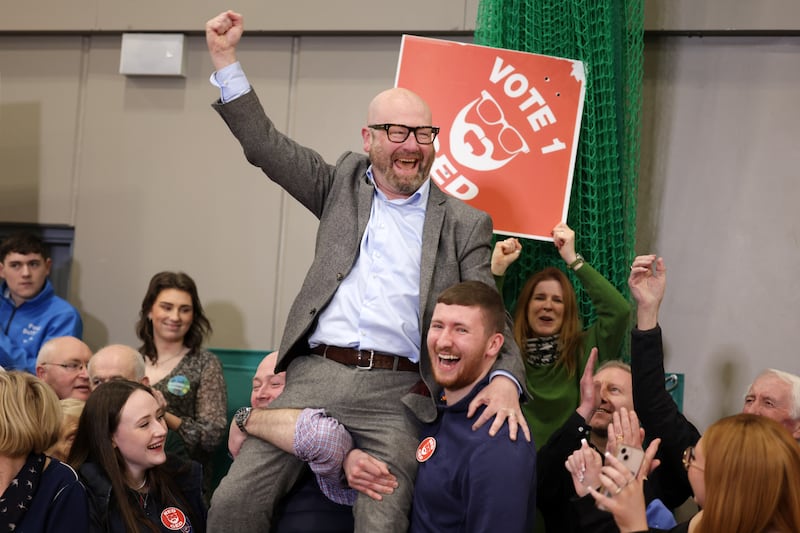 Labour’s Ged Nash celebrates winning a seat for the 34th Dáil at the Louth Constituency count centre in Coláiste Chú Chulainn, Dundalk. Photograph: Chris Maddaloni/The Irish Times