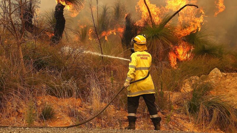 Bushfire: a firefighter battles flames in Perth last week. Photograph: Paul Kane/Getty