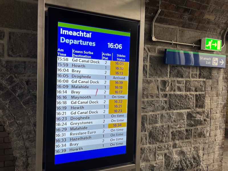 Notice displaying delayed trains at Tara Street station, Dublin, on Friday September 20th 2024 following train time changes introduced by Irish Rail