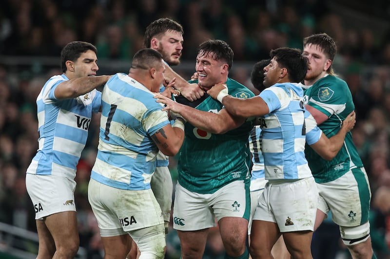 Ireland's Thomas Clarkson has words with Argentina's Thomas Gallo during the Autumn Nations Series match at the Aviva Stadium. Photograph: Ben Brady/Inpho