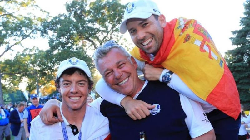 Rory McIlroy, Darren Clarke and Sergio Garcia celebrate after Europe defeated the US for the 39th Ryder Cup at Medinah Illinois in 2012. Clarke is being tipped to lead next Europe team in US in 2016. Photograph: David Cannon