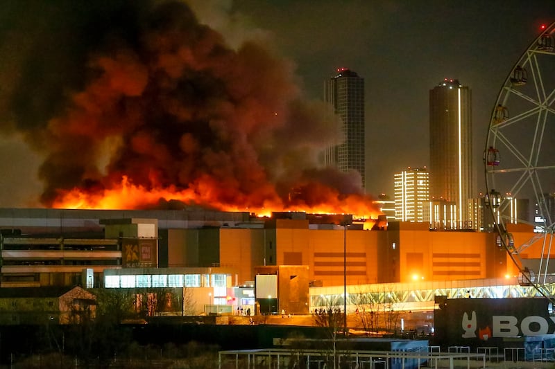 A massive blaze is seen over the Crocus City Hall. Photograph: Sergei Vedyashkin/Moscow News Agency via AP