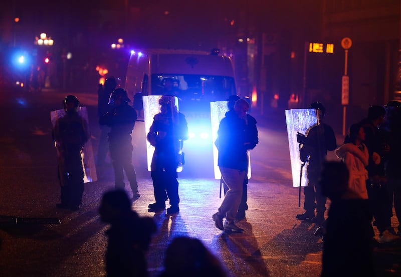 The Garda Public Order Unit on O'Connell Street after rioters set fires and caused public damage in Dublin last November. Photograph: Sasko Lazarov/RollingNews.ie