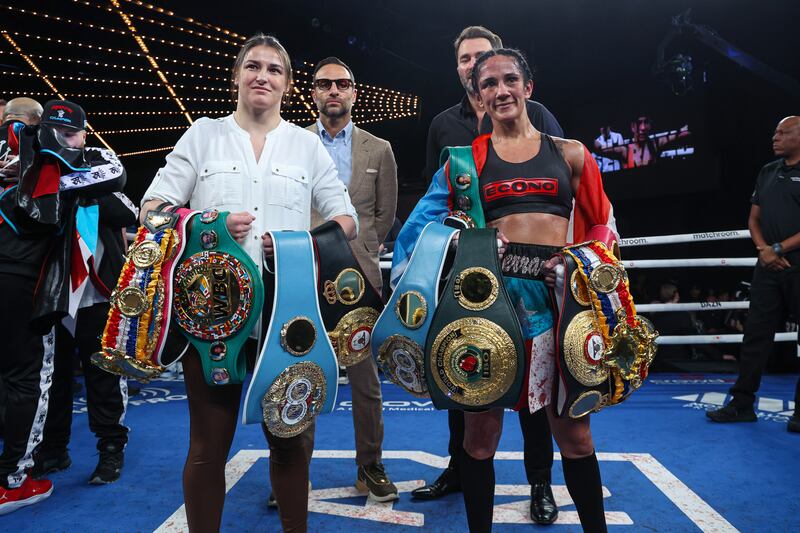 Katie Taylor and Amanda Serrano ahead of their rematch. Photograph: Ed Mulholland/Matchroom Boxing/Inpho