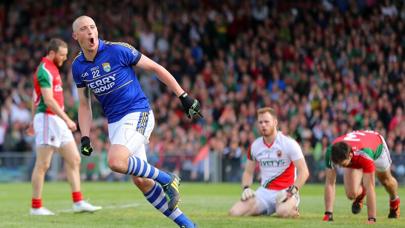 Kieran Donaghy celebrates scoring a goal against Mayo in the 2014 semi-final replay. Photograph: Cathal Noonan