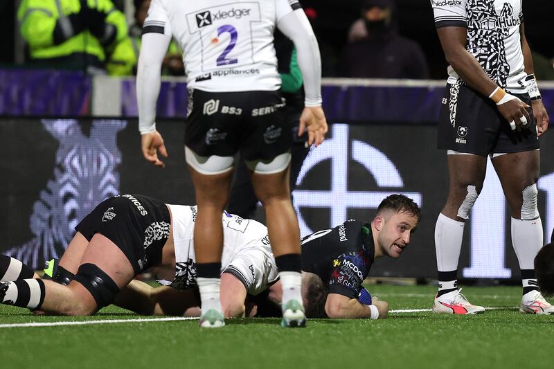 Connacht’s Caolin Blade scoring their third try against Bristol Bears in their Champions Cup round 4 match at Dexcom Stadium, Galway, on Friday. Photograph: Bryan Keane/Inpho