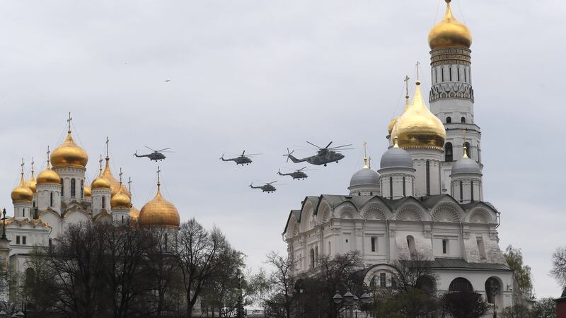 Aircraft fly over Red Square during a rehearsal on Monday for the forthcoming Victory Day air display on May 9th. A militar parade planned for the same day has been cancelled. Photograph: Maxim Shipenkov/EPA