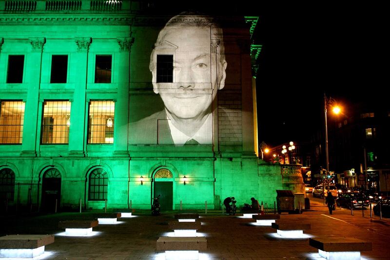 An image of Gay Byrne  projected on to  City Hall in Dublin, as part of the St Patricks day Festival in 2007. Photograph: David Sleator/The Irish Times