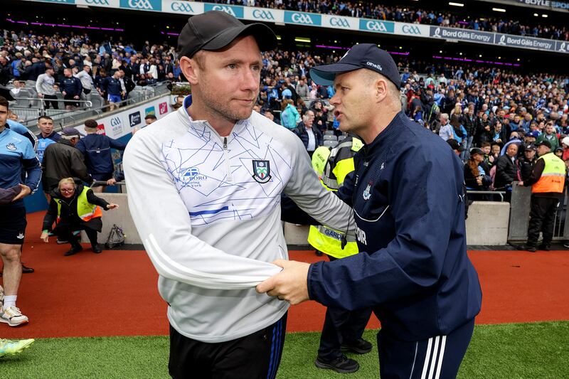 Monaghan manager Vinnie Corey with Dublin manager Dessie Farrell after Saturday's semi-final clash. Photograph: Laszlo Geczo/Inpho