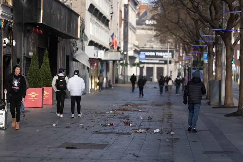 Remnants of Storm Éowyn litter pedestrian walkways on O’Connell Street, Dublin following last Friday's weather event. Photograph: Sam Boal/Collins 