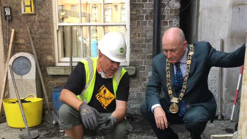 Franc Myles, principal archeologist, with  Lord Mayor of Dublin, Nial Ring. Photograph: Bryan O’Brien / The Irish Times