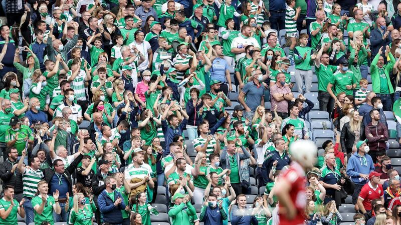 Limerick fans celebrate in the final minutes of the game at Croke Park. Photograph: Laszlo Geczo/Inpho