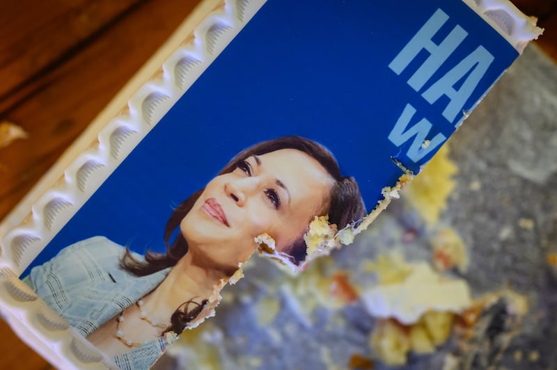 The remains of a cake featuring a photograph of Kamala Harris at a Democrats Abroad election party in London on Wednesday. Photograph: Leon Neal/Getty Images