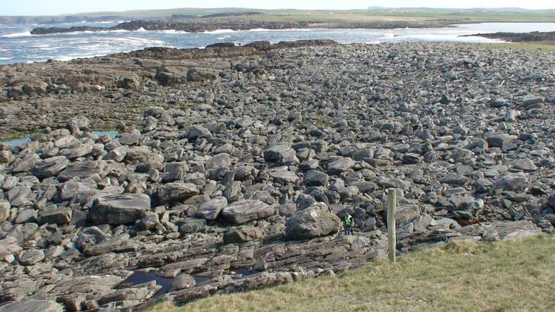 The deposit of boulders in North Co Mayo, some of over 50 tonnes, which were thrown onto the foreshore due to a storm surge.