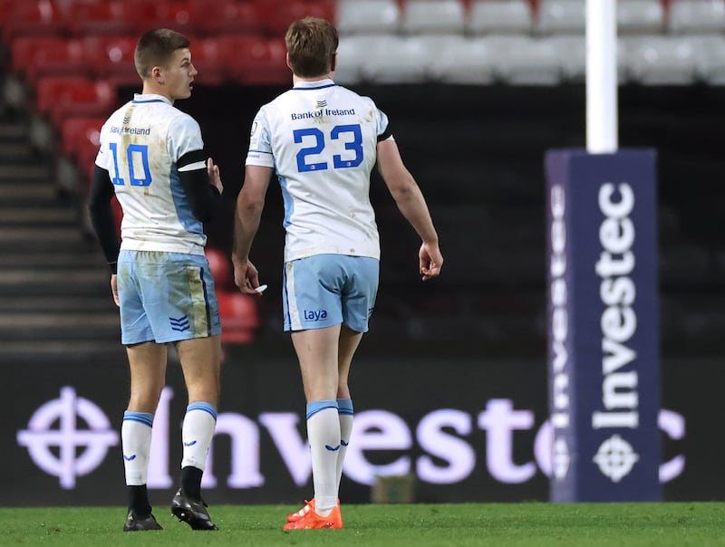 Leinster’s Sam Prendergast and Jordie Barrett during their victory in Bristol. Photograph: James Crombie/Inpho