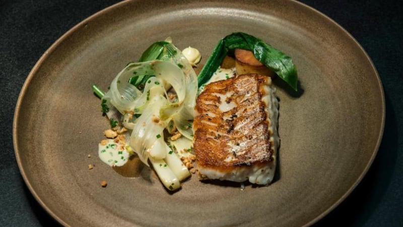 John Wyer’s roast cod, white asparagus, wild garlic and hazelnuts with truffle mayonnaise. Photograph: Brenda Fitzsimons