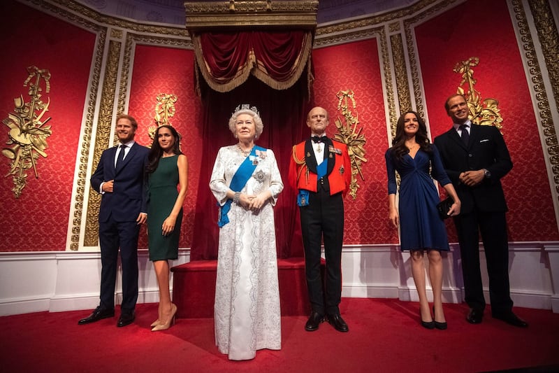 Royal family: Harry and Meghan’s waxworks before they were moved at Madam Tussauds in London. Photograph: Victoria Jones/PA Wire