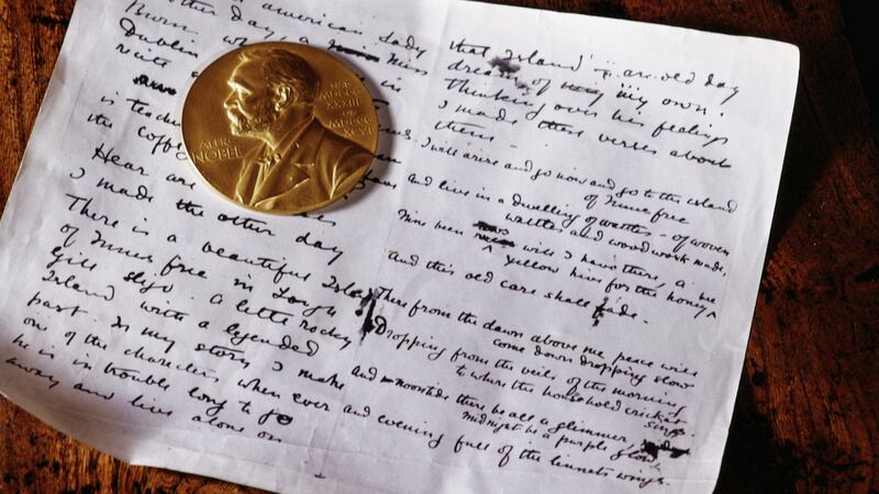 The Nobel gold medal and a manuscript belonging to WB Yeats.   He won the Nobel Prize for literature in 1923. Photograph:  RDImages/Epics/Getty