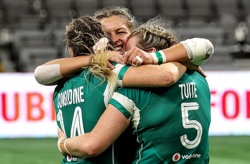 Ireland’s Eimear Considine, Erin King and Fiona Tuite celebrate after the their win over New Zealand in the WXV1 competition in Vancouver. Photograph: Travis Prior/Inpho