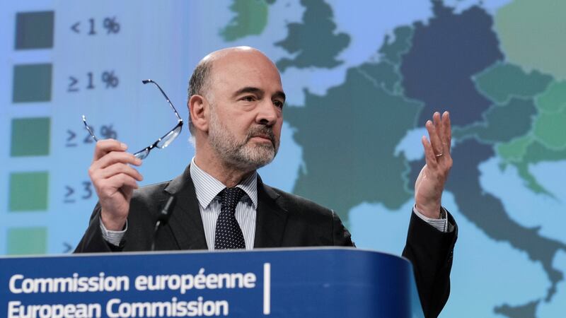 Pierre Moscovici, the European Commissioner for Economic and Financial Affairs, gives a press conference on Spring 2019 Economic Forecast at the European Commission in Brussels. Photograph: Olivier Hoslet/EPA