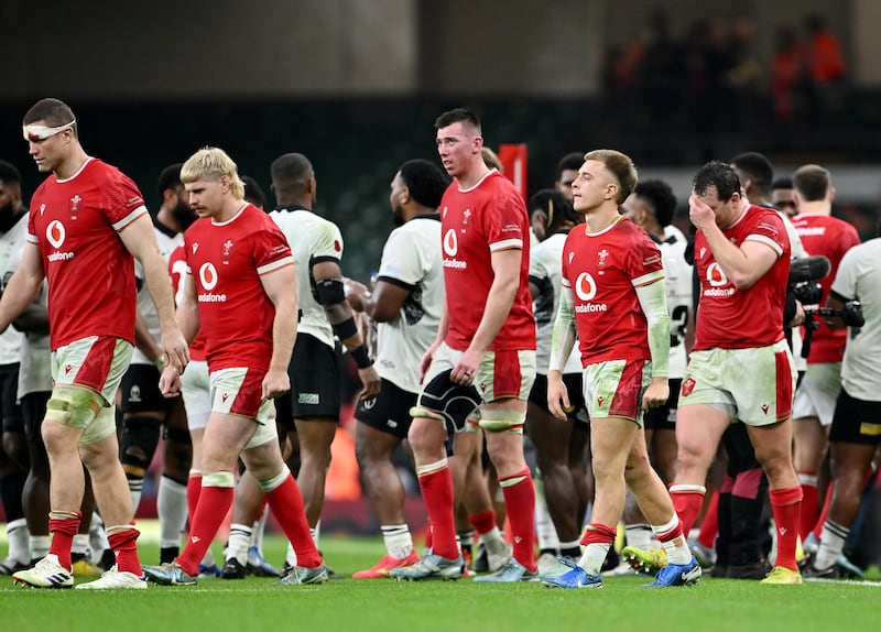 Adam Beard of Wales looks dejected after defeat to Fiji. Photograph: Dan Mullan/Getty