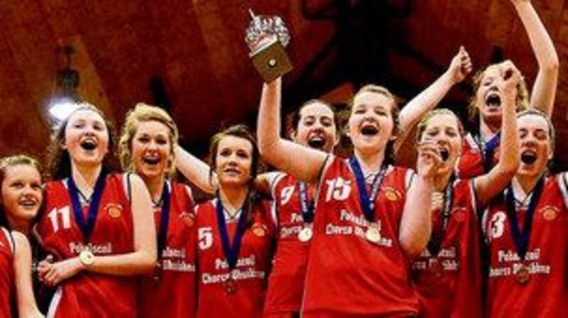 Pobalscoil Chorca Dhuibhne, Kerry, above, celebrate with the cup following their victory over St Nathy's, Roscommon, in the under-16B final and, left, CBS Ennistymon celebrate their victory over Mountrath CS, Laois, in the under-19C final at the All-Ireland Schools' Cup finals at the National Basketball Arena in Tallaght yesterday. - (Photographs: Stephen McCarthy/Sportsfile).