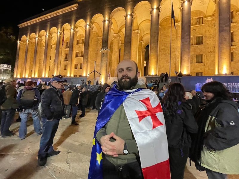 Georgian activist Zaza Mikeladze at an opposition protest in central Tbilisi on Monday evening. Photograph: Daniel McLaughlin