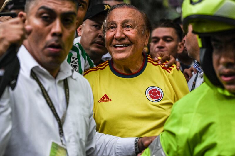 Presidential candidate Rodolfo Hernandez (centre) arrives at a local league football match between Atletico Nacional and Atletico Bucaramanga, in Medellin. Photograph:  Joaquin Sarmiento/AFP via Getty
