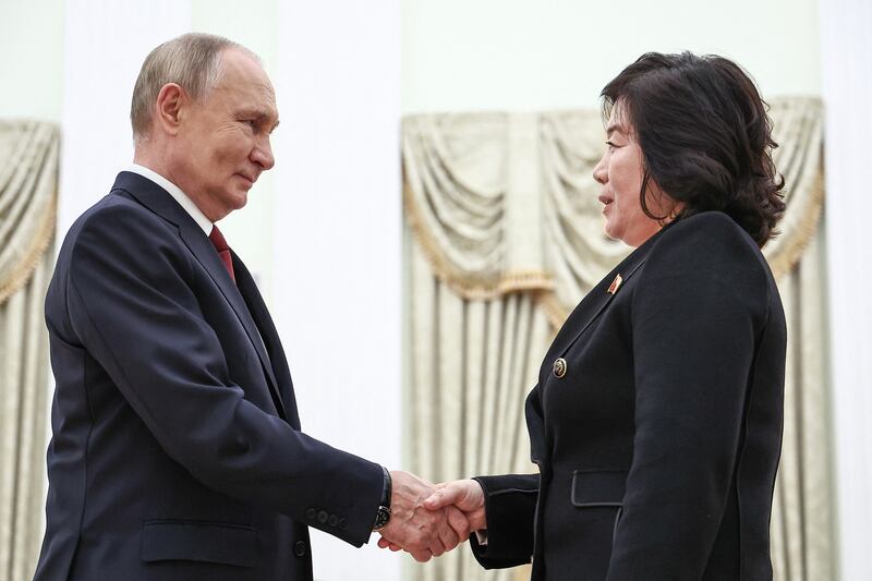 Russia's president Vladimir Putin greets North Korea's foreign minister, Choe Son Hui, prior to their talks in Moscow on Monday. Photograph: Mikhail Tereshchenko/AFP via Getty Images