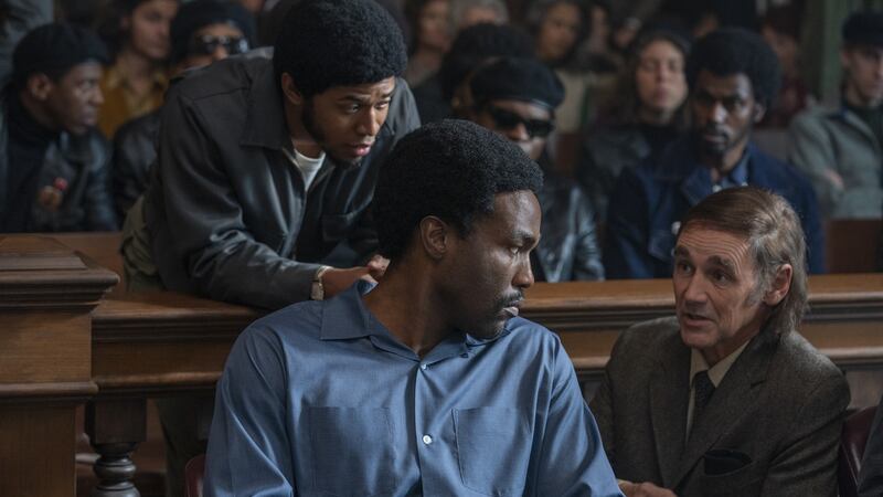 Kelvin Harriison Jr, Yaha Abdul-Mateen and Mark Rylance in The Trial of the Chicago 7. Photograph: Niko Tavernise/Netflix