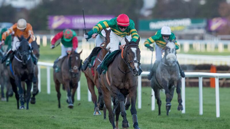 Donagh Meyler comes home to win on Anibale Fly in the Paddy’s Rewards Club Steeplechase at  the 2017 Leopardstown Christmas Festival at Leopardstown Racecourse. Photograph: Morgan Treacy/Inpho