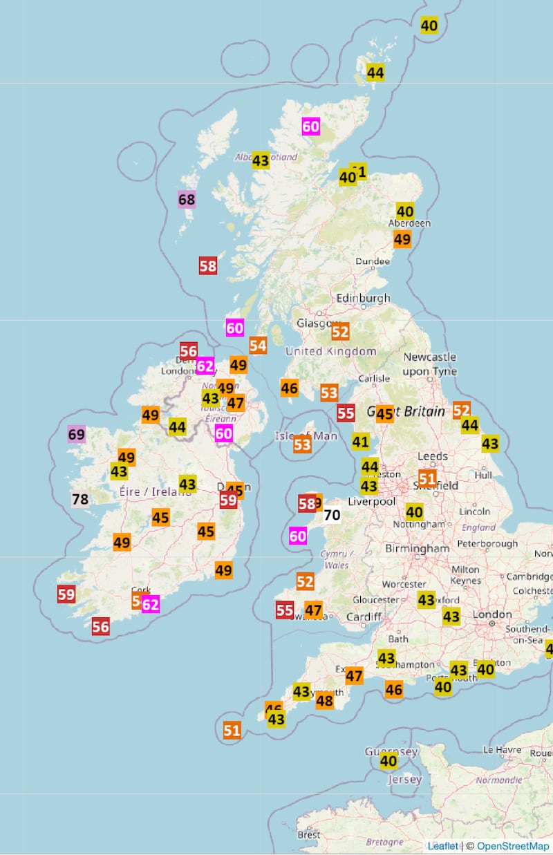 Top gusts - measured in miles per hour - around the coast of Ireland and UK in recent hours. Image: Roostweather.com