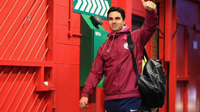 Mikel Arteta arrives at Old Trafford before the game. Photo: Victoria Haydn/Man City via Getty Images