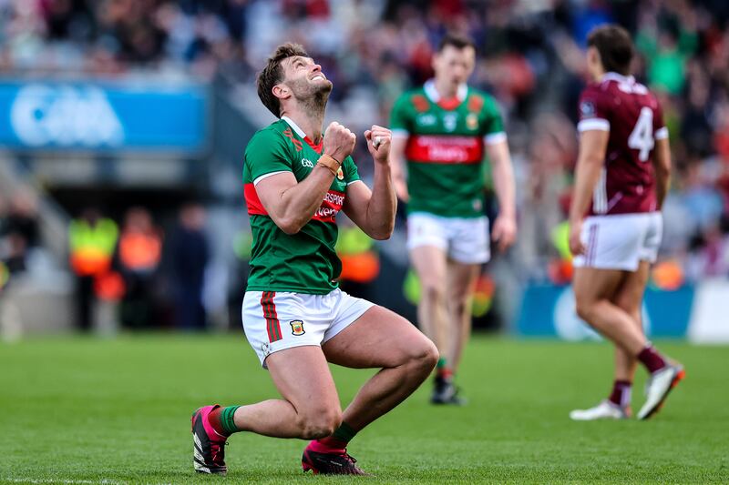 Mayo’s Aidan O'Shea celebrates after beating Galway. Photograph: Ryan Byrne/Inpho