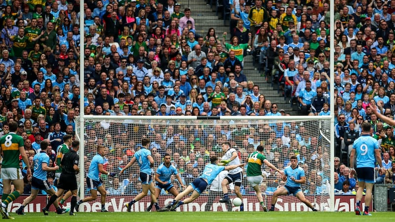 James McCarthy, on the line, gets ready to stop  Paul Geaney’s goal-bound shot. Photograph: Inpho/James Crombie Dublin’s James McCarthy. Photograph: Inpho/James Crombie