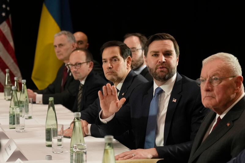 US secretary of state Marco Rubio, centre, and US vice-president JD Vance, second right, during a meeting with Ukraine’s president Volodymyr Zelenskiy on the sidelines of the Munich Security Conference. Photograph: Matthias Schrader/AP